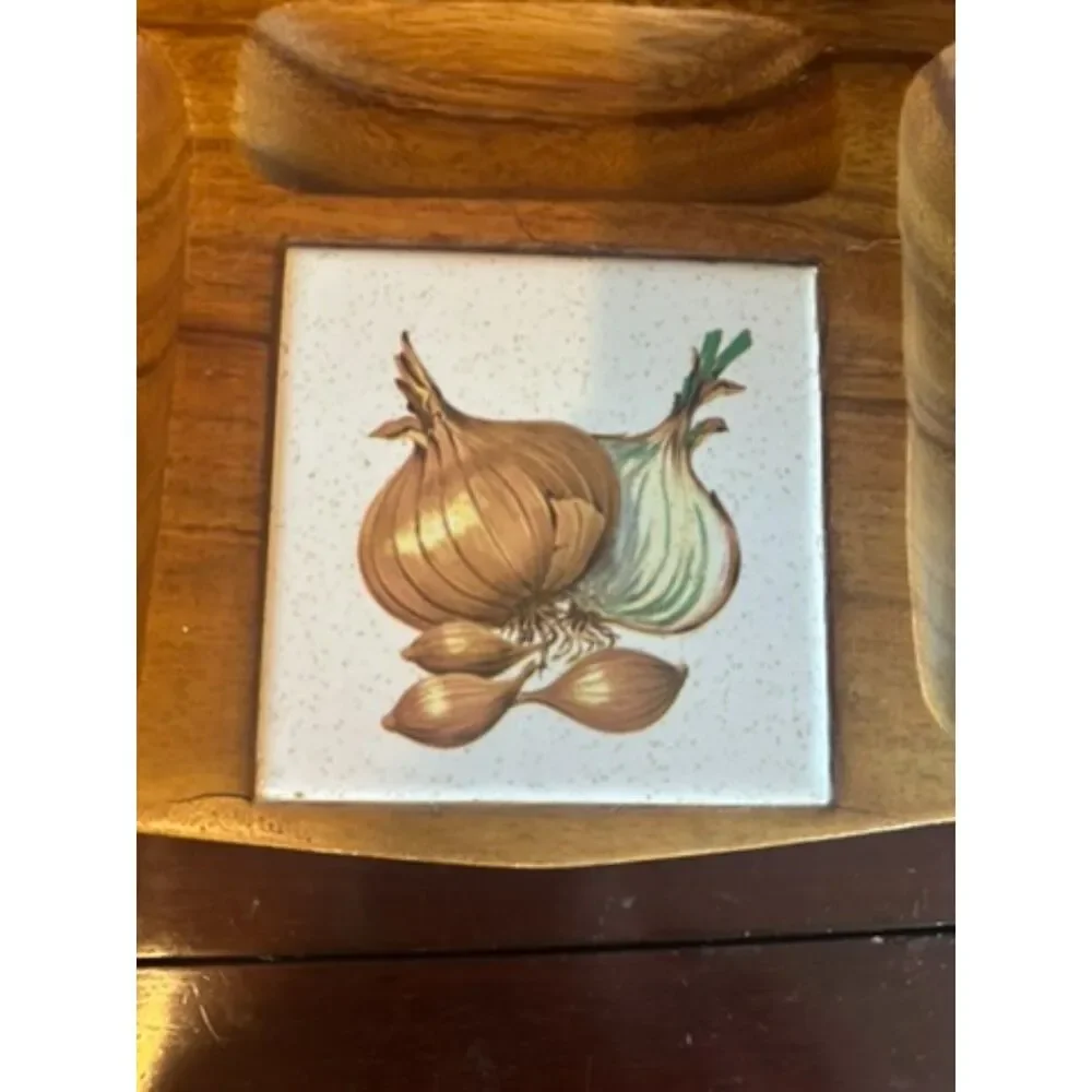 Vintage Mid-Century Wood Serving Charcuterie Tray with Vegetable Tile Inlay